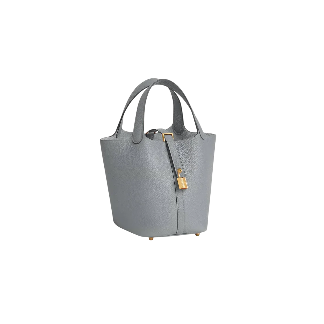 Grey Hermès Picotin bucket bag with double handles and gold-tone lock detail, shown against a plain background.