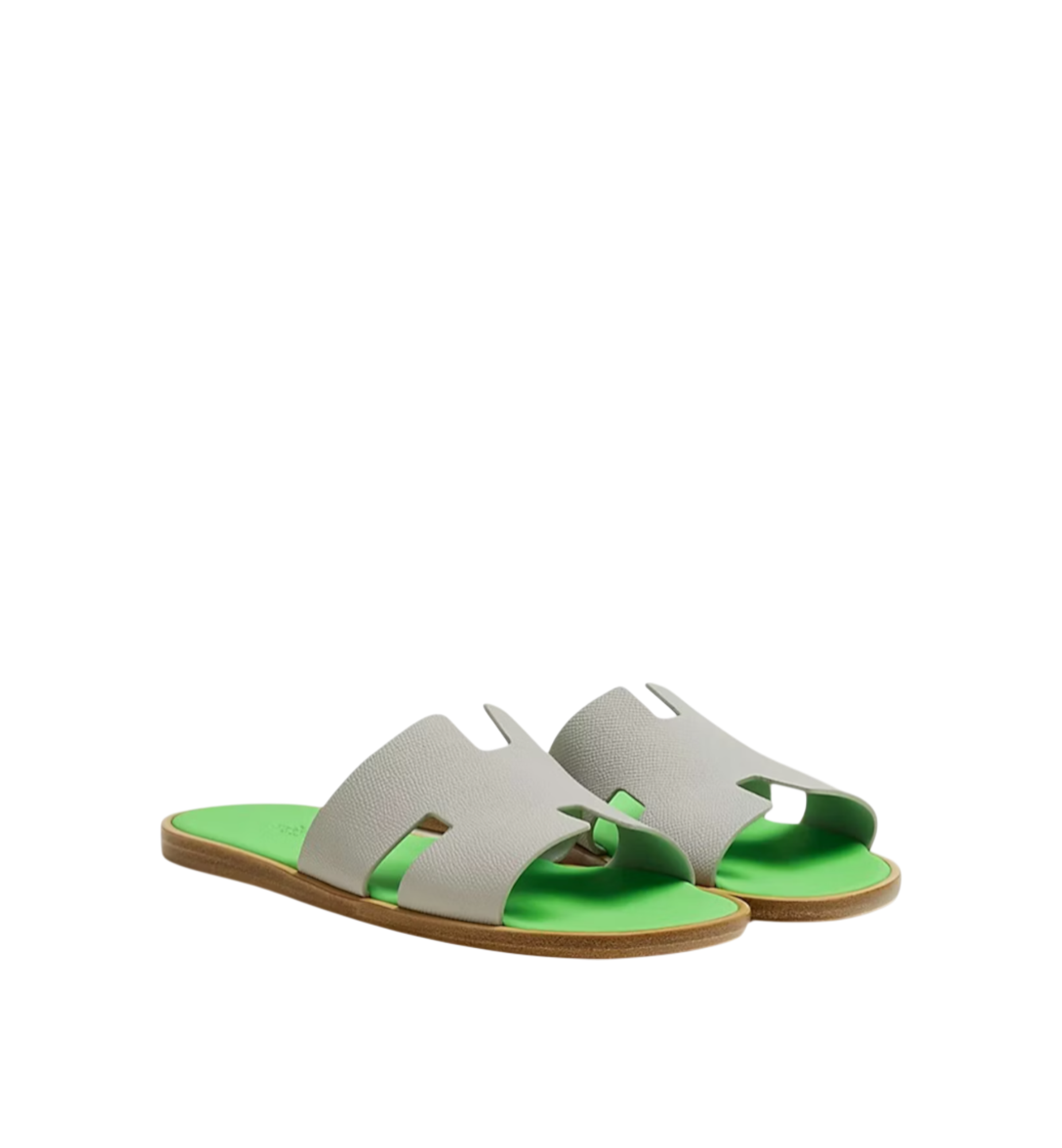 Hermes Izmir Sandal Gris Quartz Vert Fluo Epsom Calfskin Leather