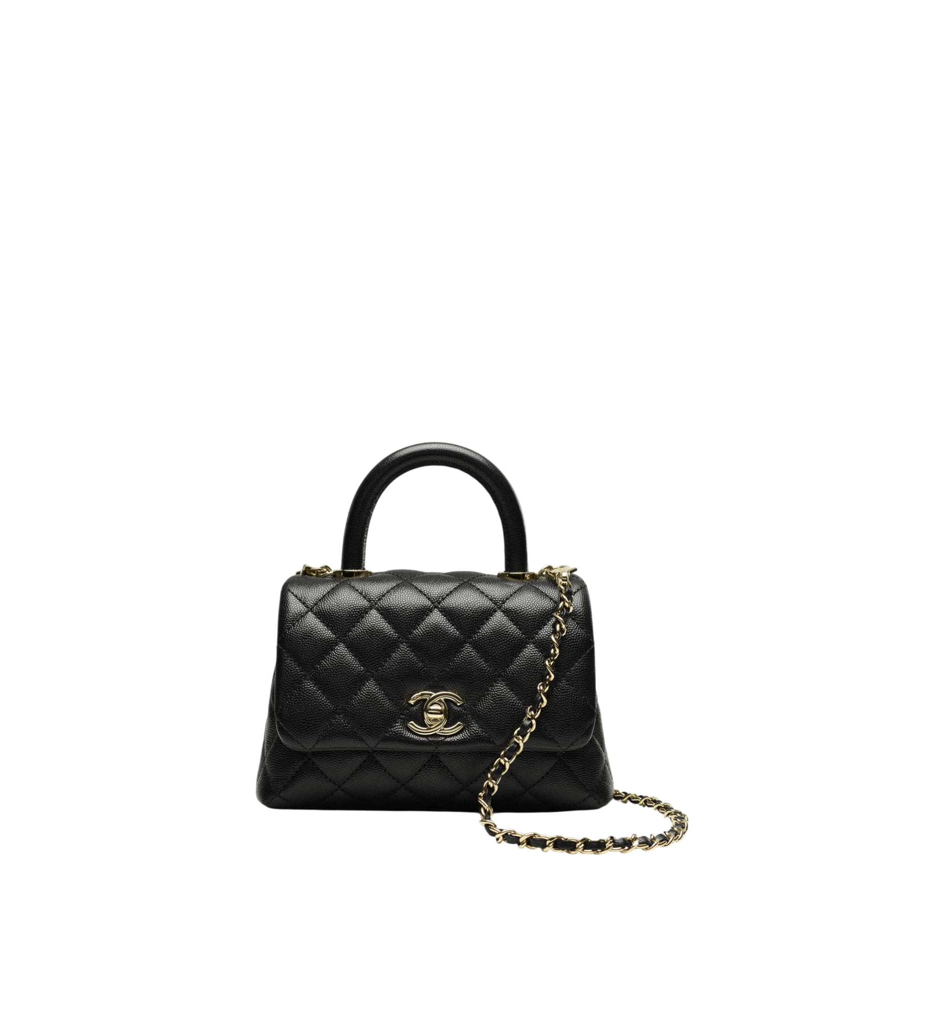 Chanel Nano Coco Top Handle Flap Bag Black Caviar Light Gold Hardware