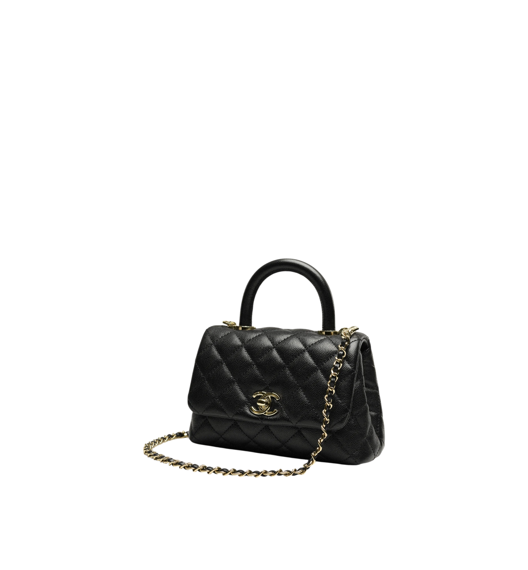 Chanel Nano Coco Top Handle Flap Bag Black Caviar Light Gold Hardware