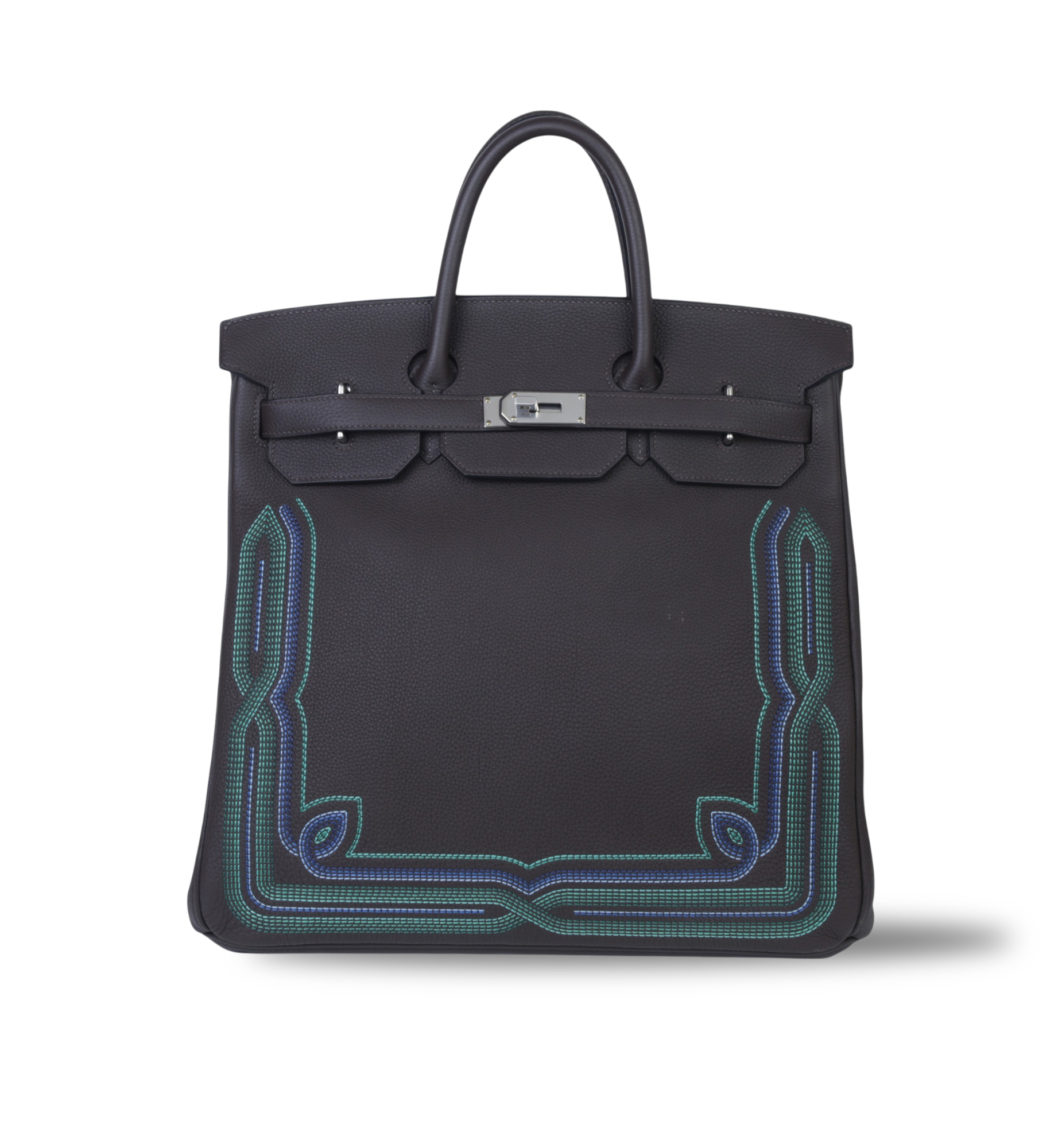 Black Hermès Birkin handbag with top handles, silver hardware, and blue embroidered detailing on the front.