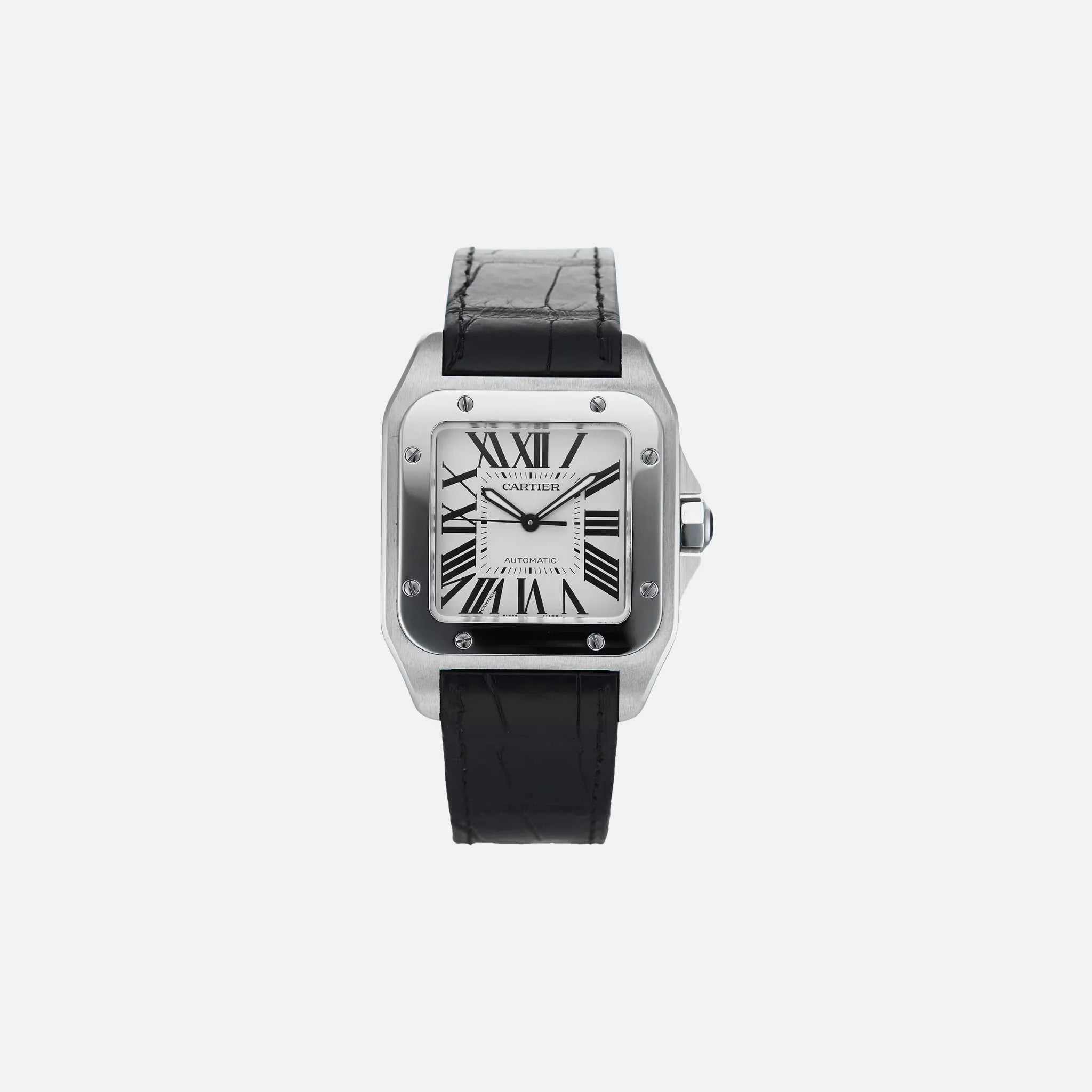 Cartier Santos watch with a stainless steel square case, white Roman numeral dial, and black leather strap.