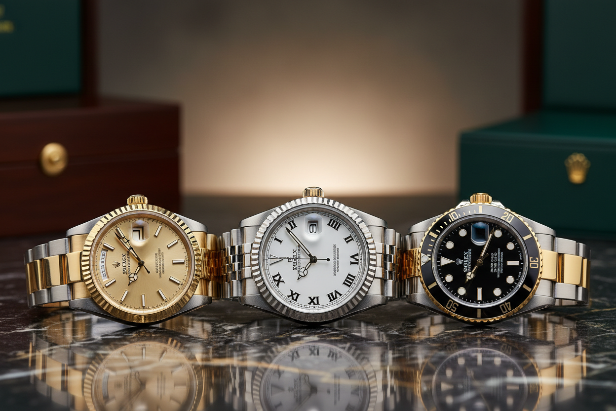 Rolex GMT-Master Pepsi and Batman bezels showing red blue and black colorways