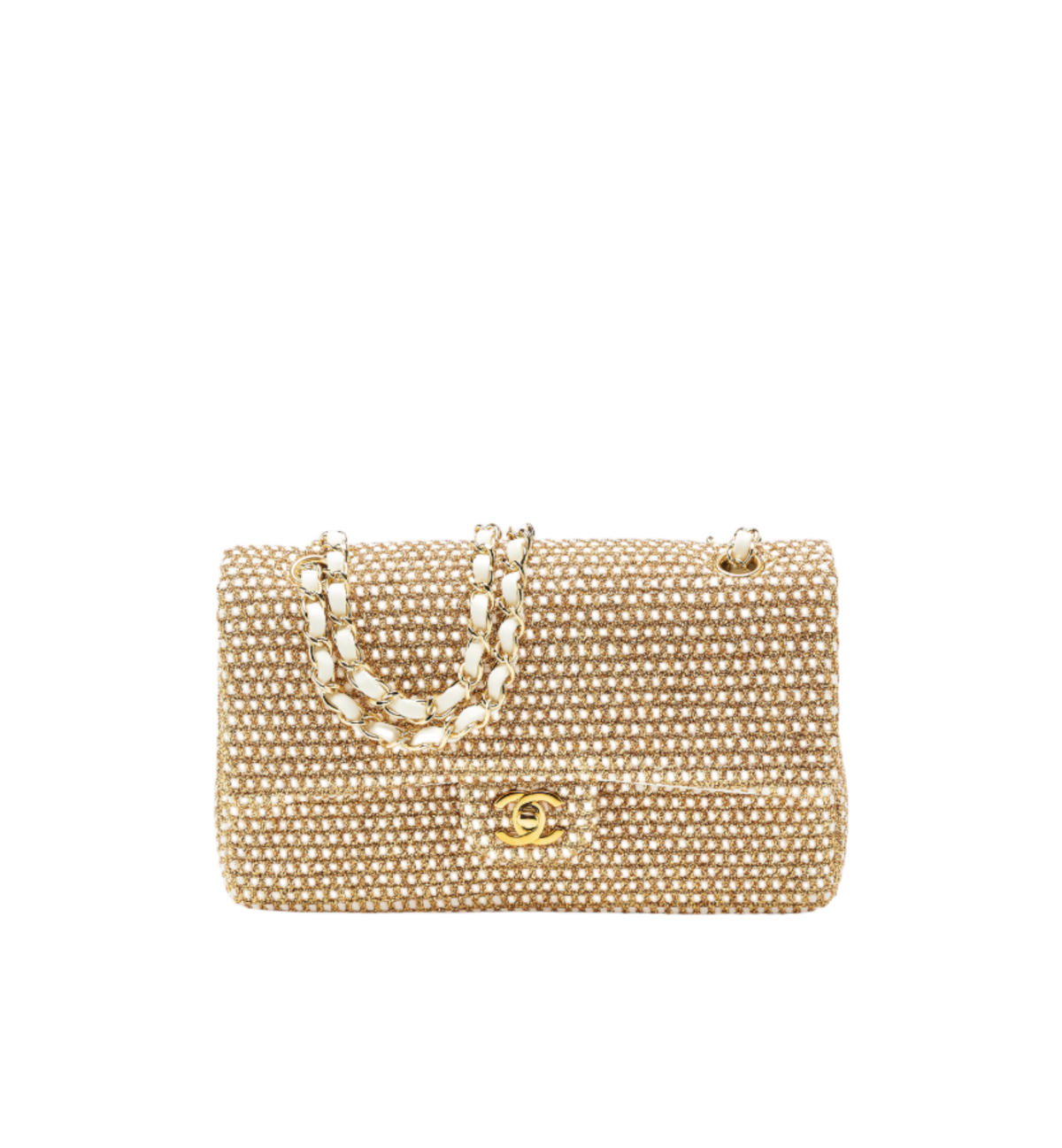 Chanel Metallic Gold Embroideries & White Lambskin Medium Double Flap GHW