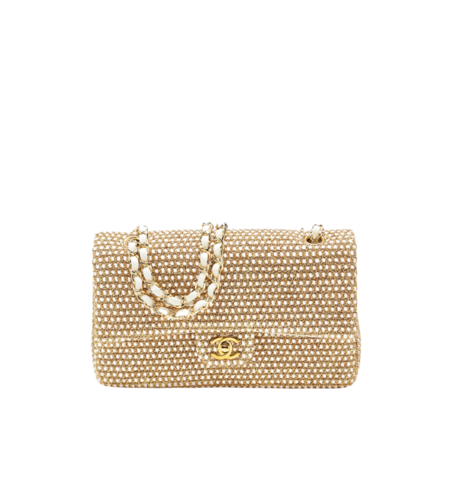Chanel Metallic Gold Embroideries & White Lambskin Medium Double Flap GHW