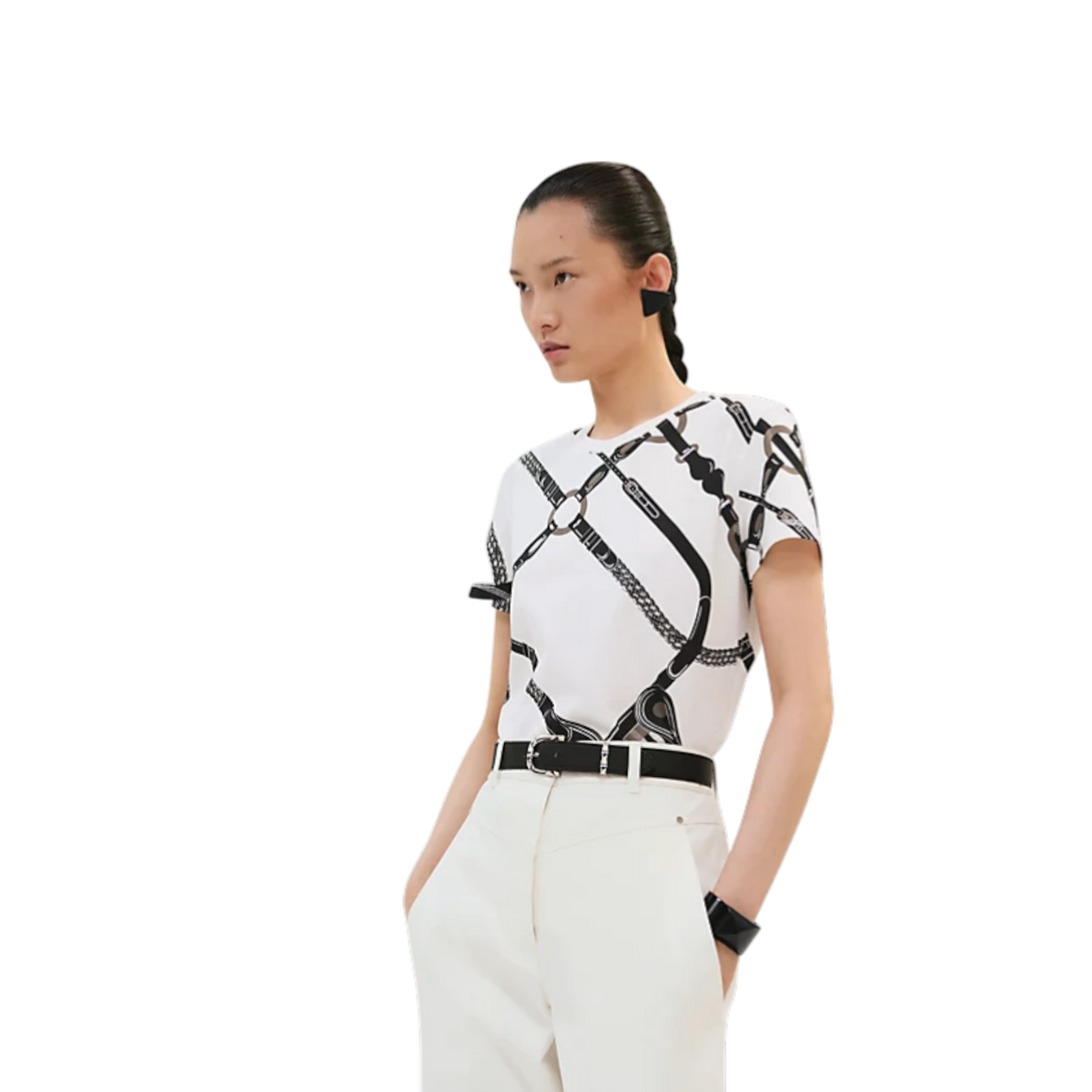 Hermès Droit Imprimé Coaching Remix Straight T-Shirt Blanc Cassé