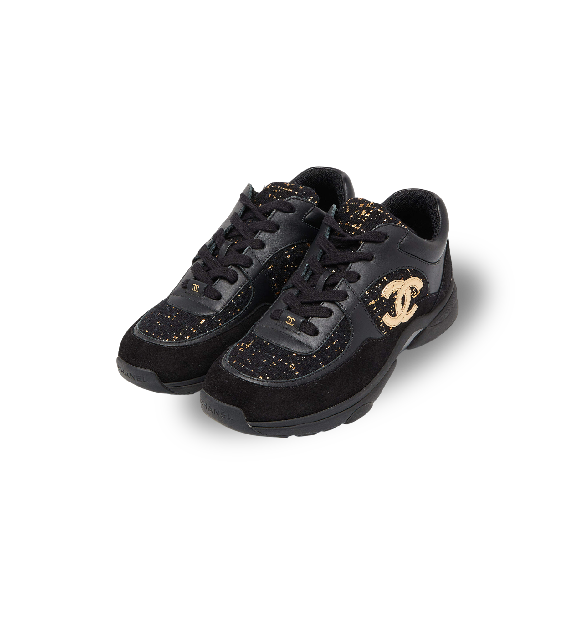 CHANEL SNEAKER BLACK SUEDE GOLDEN BROCADE WOMEN 38.5