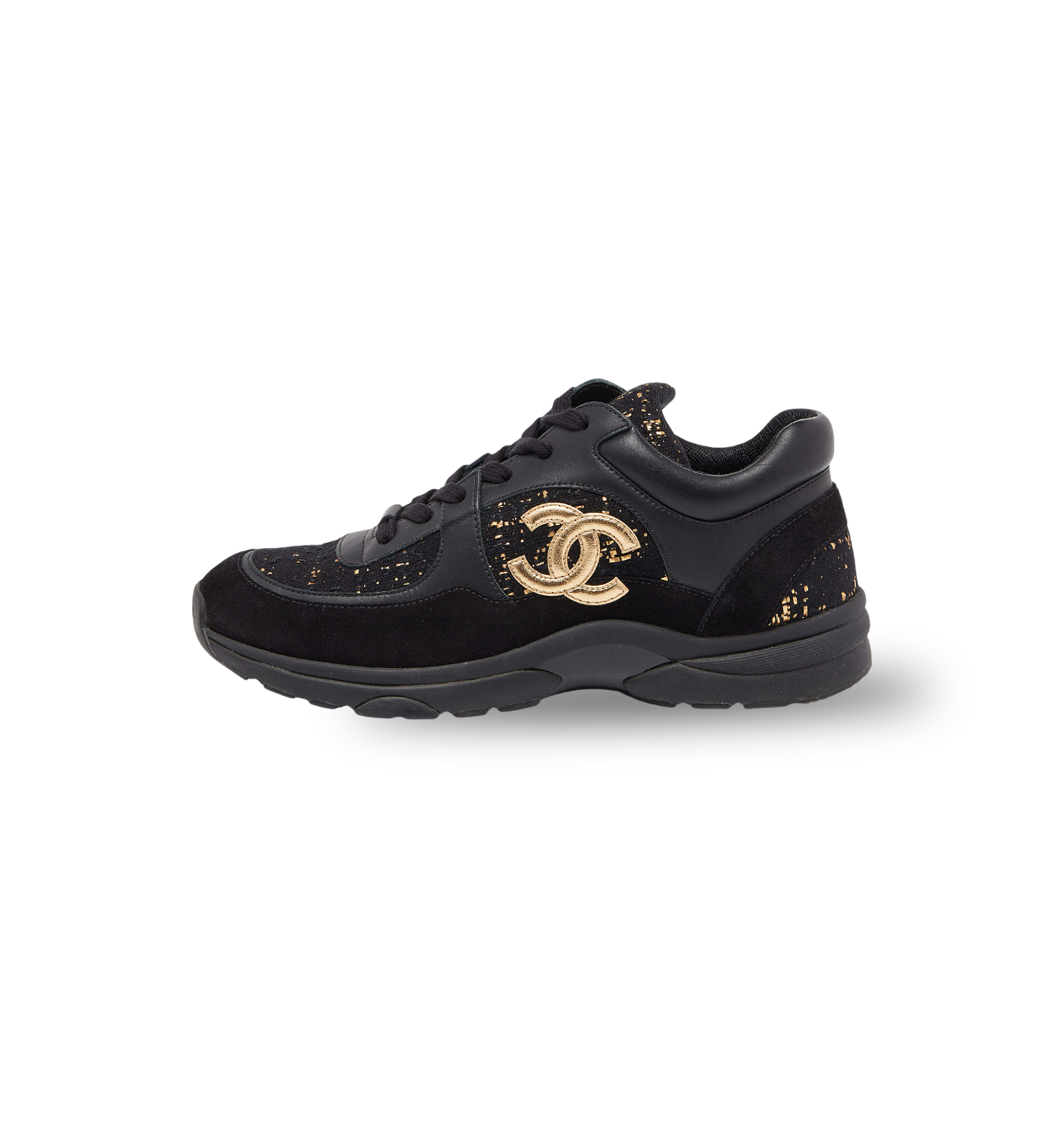 CHANEL SNEAKER BLACK SUEDE GOLDEN BROCADE WOMEN 38.5