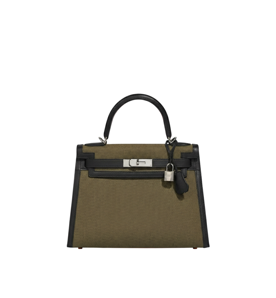 Hermès Kelly 28 Black (89)/ Vert Militaire Swift Toile H canvas PHW
