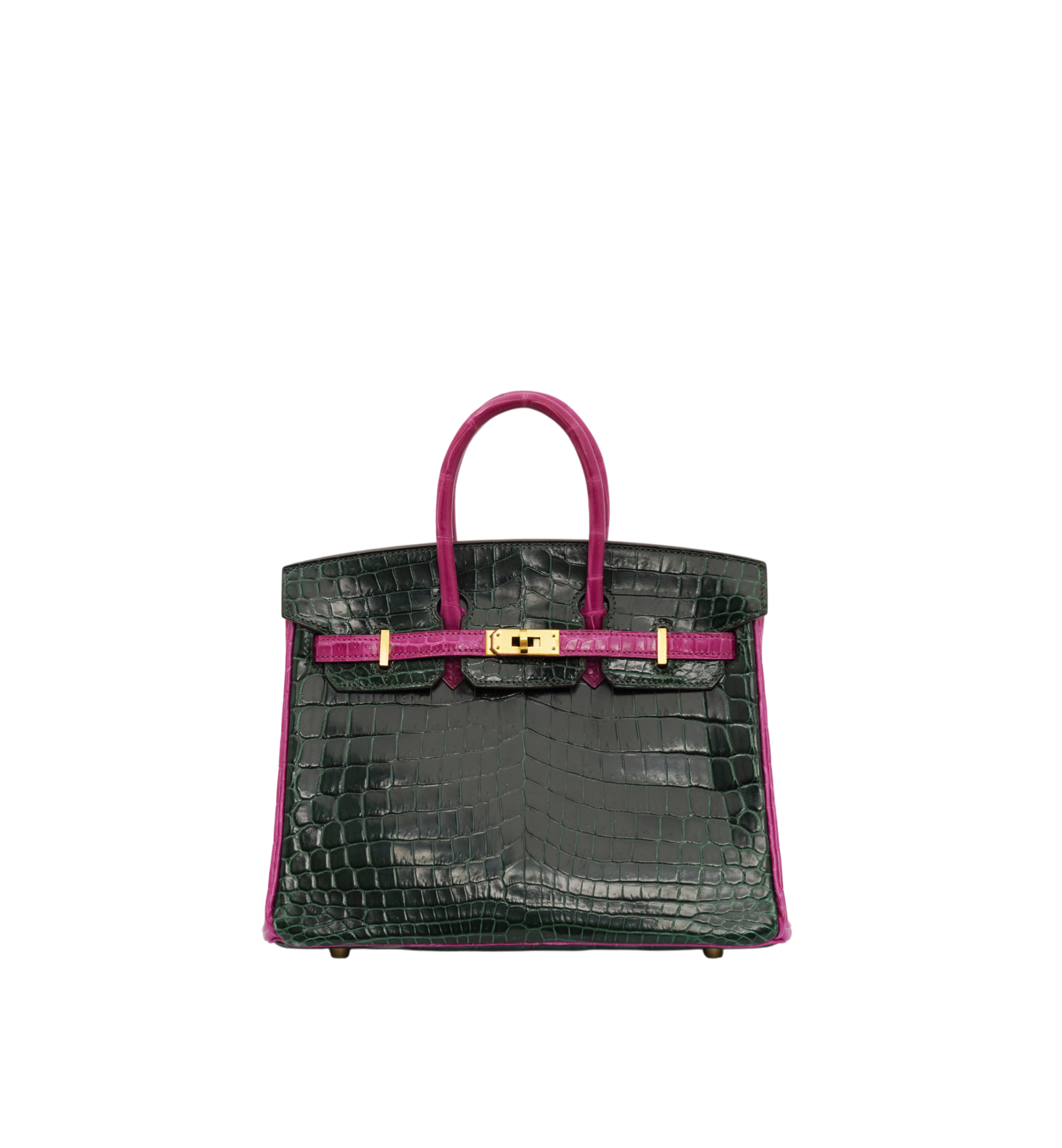 Hermès Birkin 25 Emerald and Rose Scheherazade Shiny Niloticus Crocodile Brushed GHW