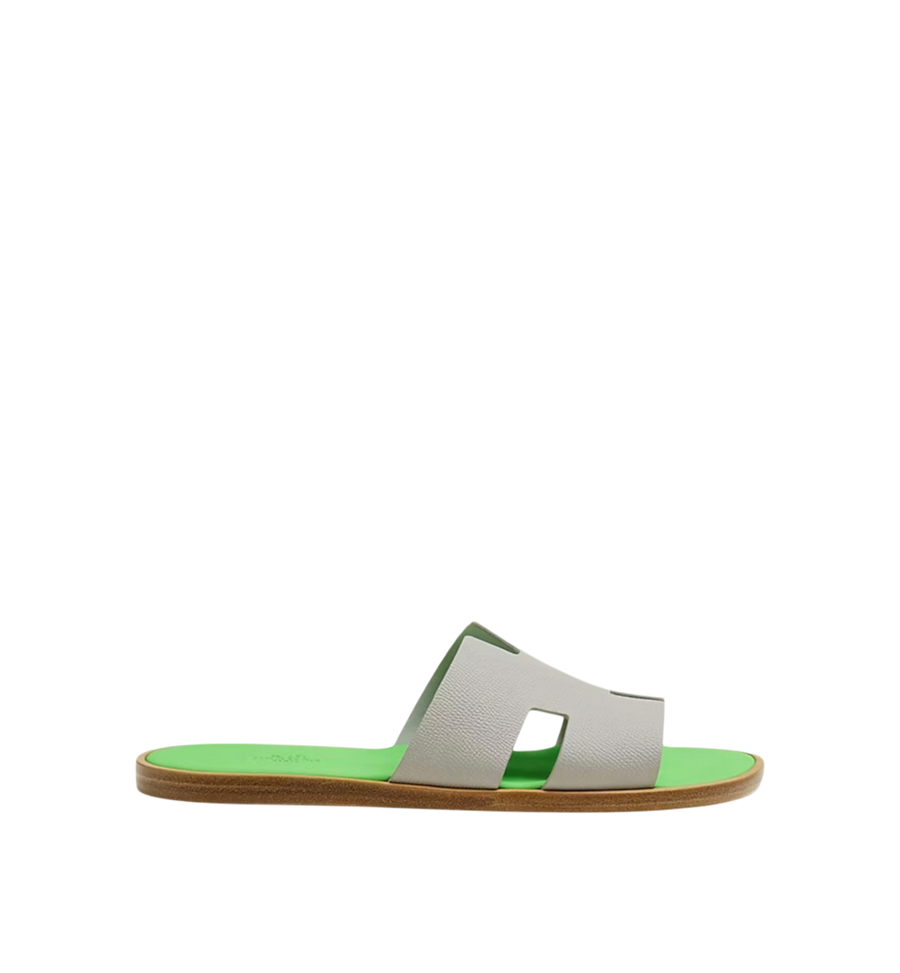 Hermes Izmir Sandal Gris Quartz Vert Fluo Epsom Calfskin Leather