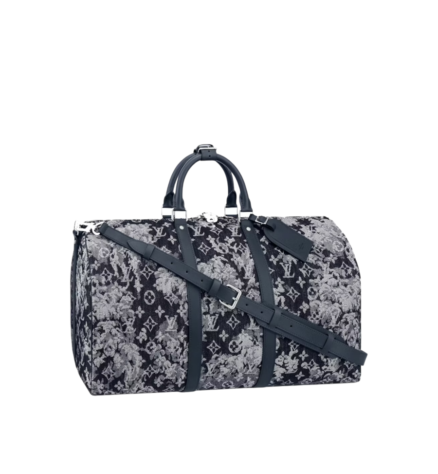 Louis Vuitton Virgil Abloh Dark Blue and White Monogram Tapestry Canvas Keepall Bandouliere 50
