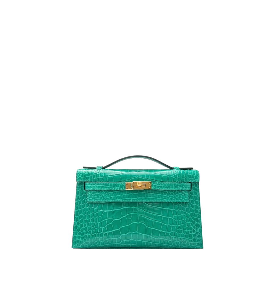 Hermès Kelly Pochette Vert Jade (O6) Shiny Crocodile GHW