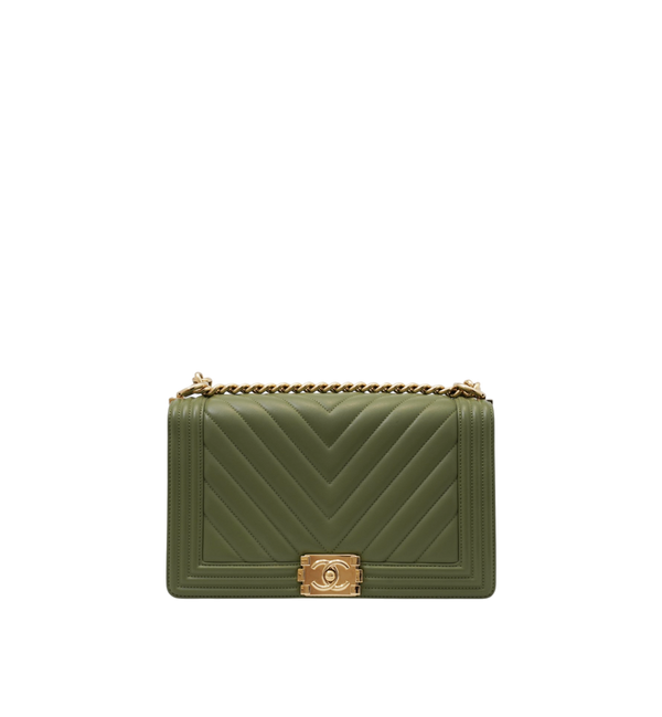 Chanel Caviar Chevron Quilted Medium Boy Flap Green GHW