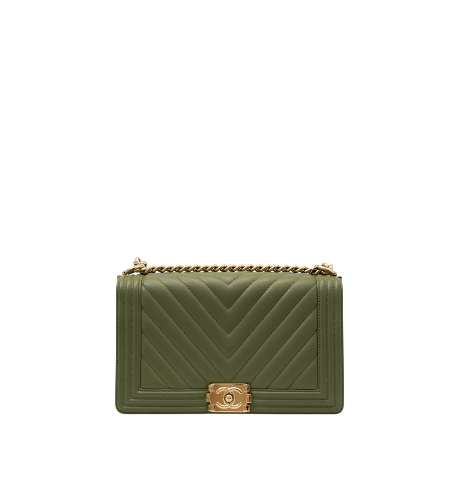 Chanel Caviar Chevron Quilted Medium Boy Flap Green GHW