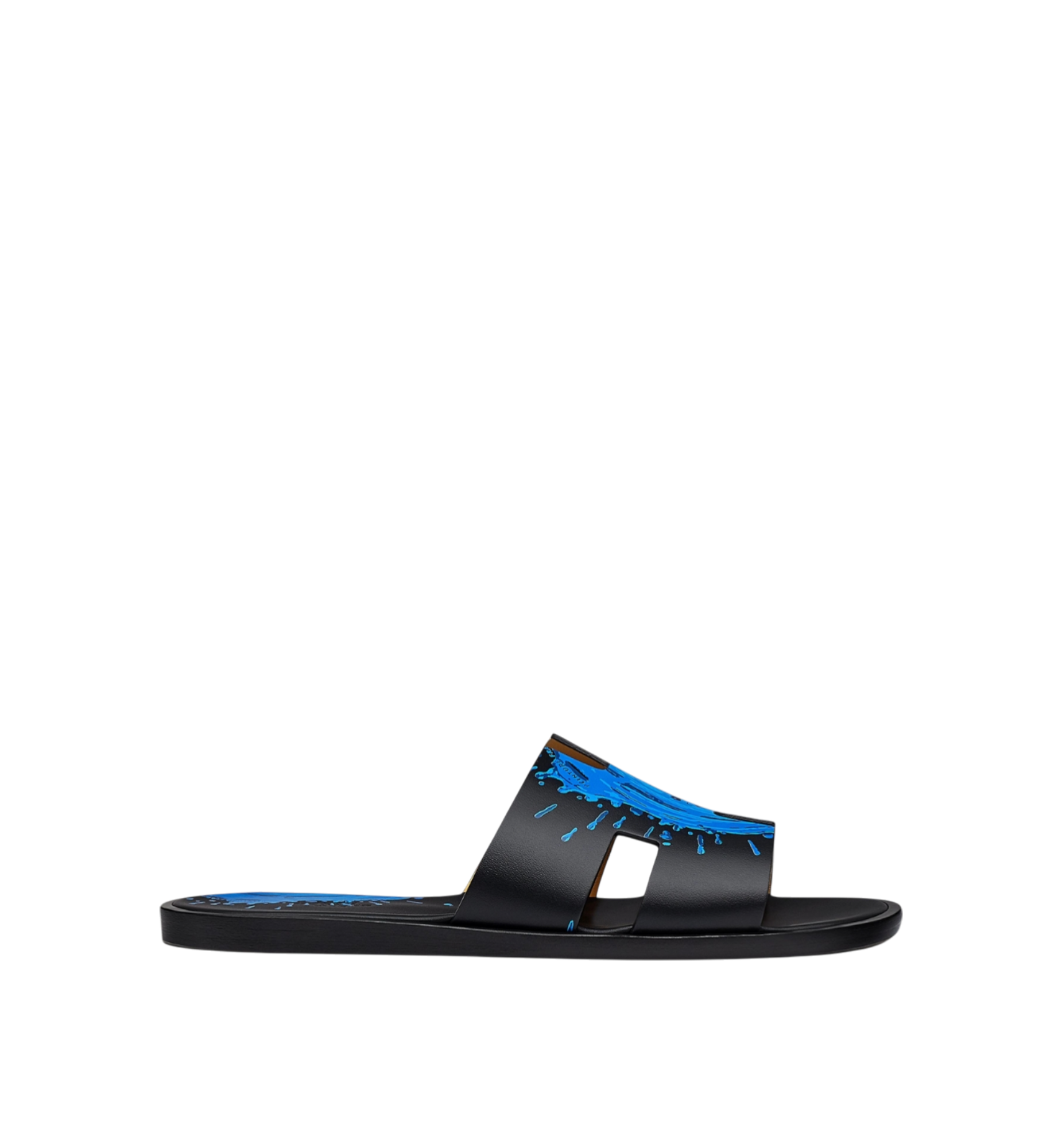 Hermes Izmir Sandal Blue | Black Calf Leather Peinture Fraiche Print