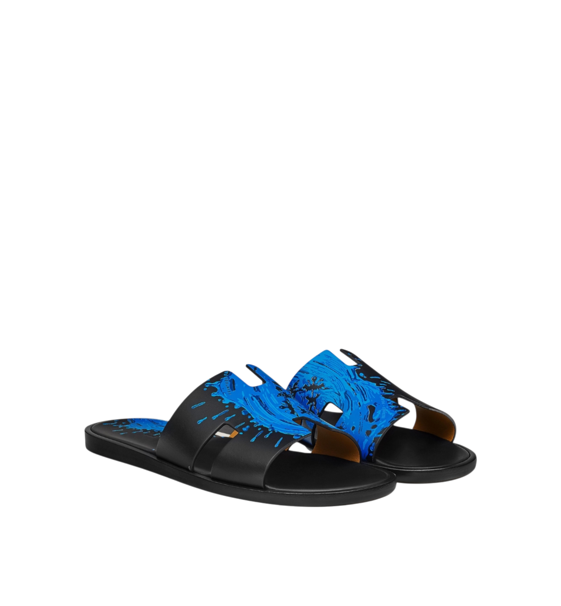 Hermes Izmir Sandal Blue | Black Calf Leather Peinture Fraiche Print