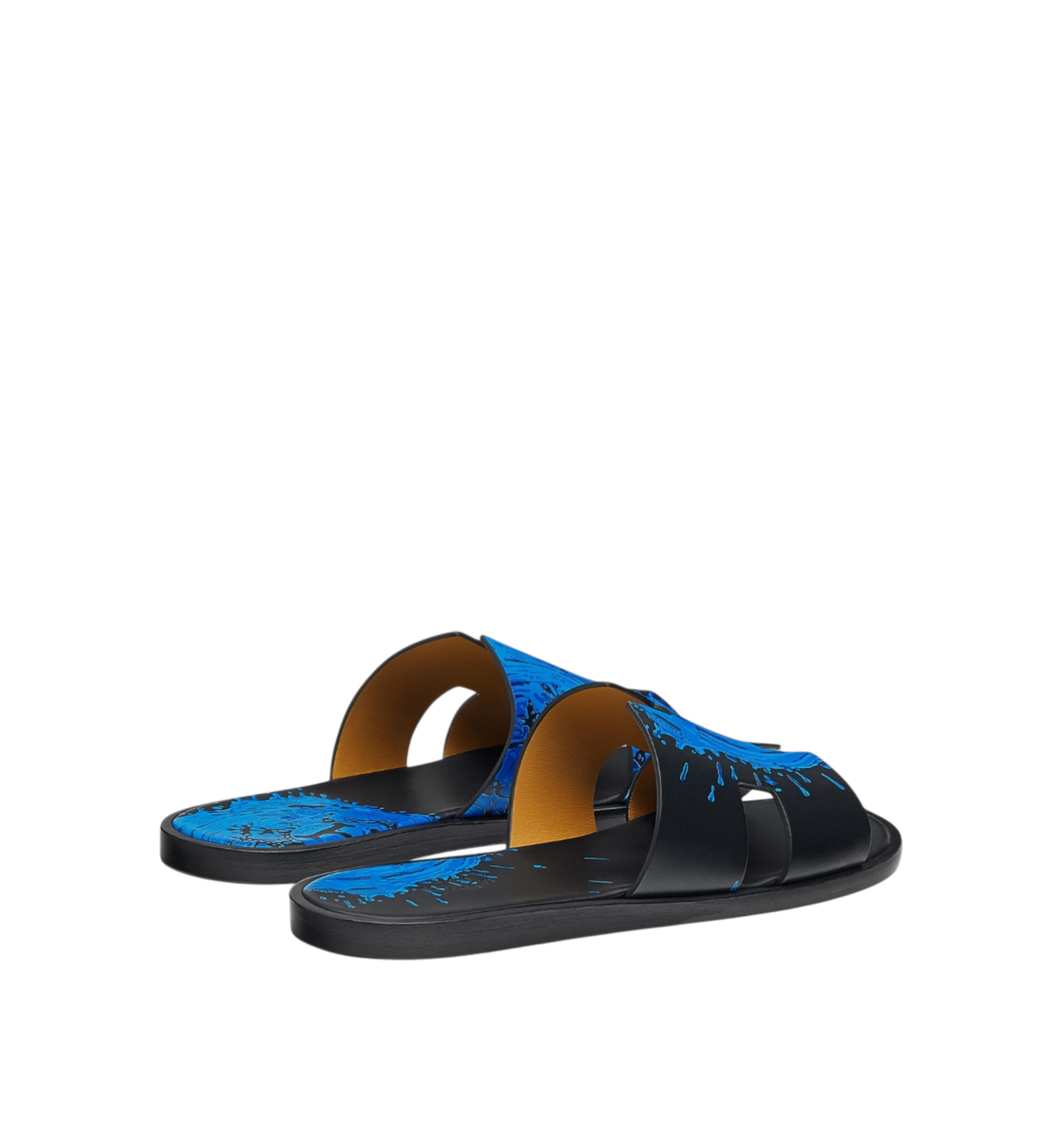 Hermes Izmir Sandal Blue | Black Calf Leather Peinture Fraiche Print