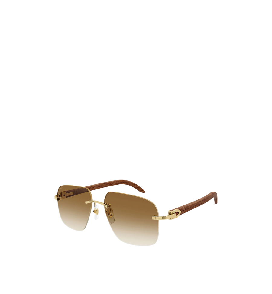 Cartier Sunglasses Wood Rimless Rectangle Frame Brown/Gold Ref. CT0041RS