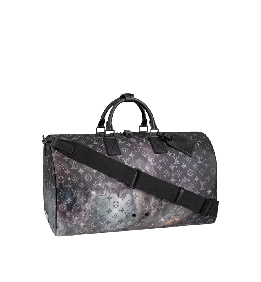 Louis Vuitton Keepall 50 Galaxy Travel Bag Grey Monogram Canvas & Black Leather